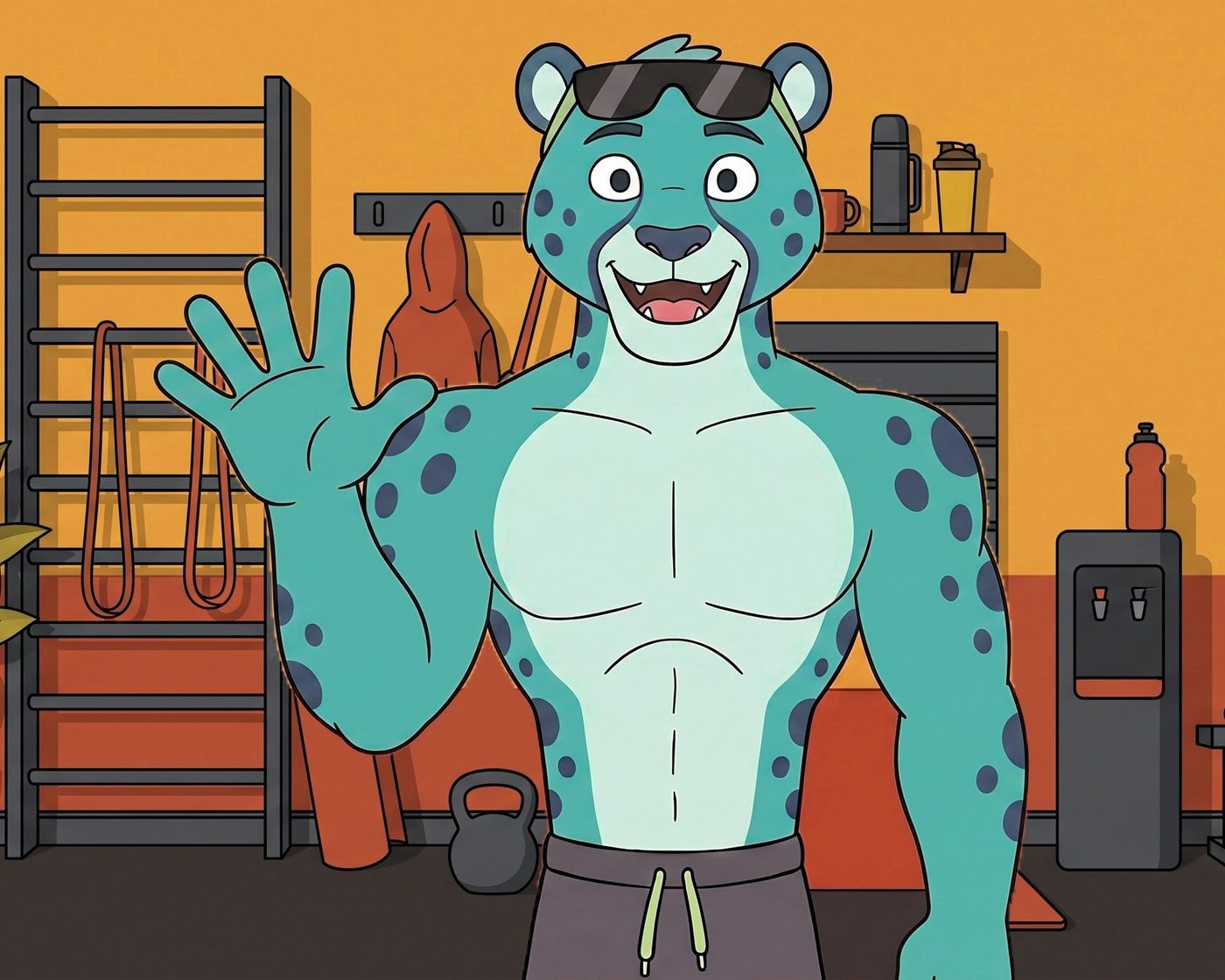 The TrackMovo cheetah waving hello in the gym