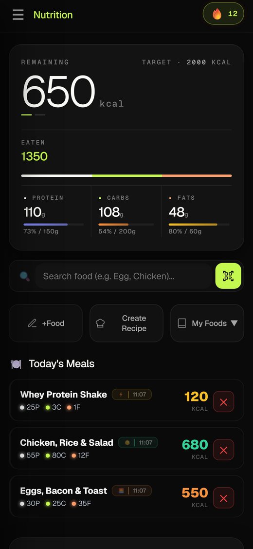 Nutrition screen with calories and macros